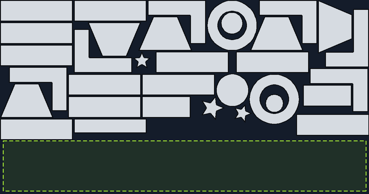 A 760 by 400 mm sheet nested by true shape in Scrapless: L brackets hooked together, discs inside the ring holes, and a 112 mm reusable strip marked along the bottom